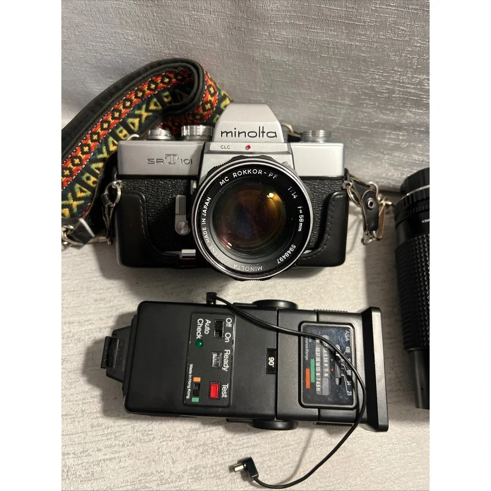 Minolta SRT 101 35mm Film Camera MC Rokkor-PF 58mm f1.4 Lens Flash Bundle